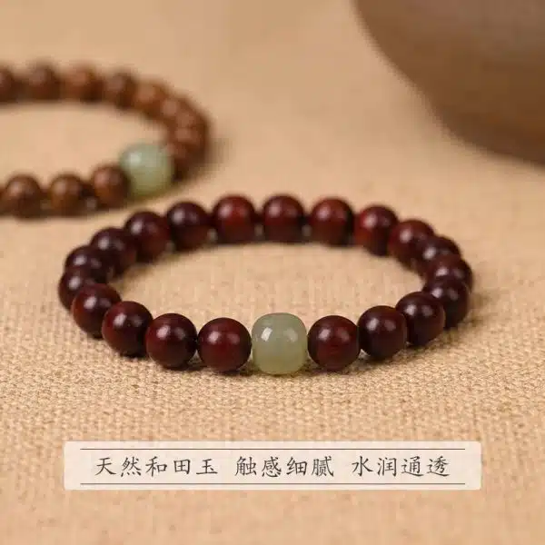 New Chinese Style Red Sandalwood Bracelet with Small Leaves Simple Still Ebony Wooden Buddha Beads Golden Silk Sandalwood Bracelet Hetian Jade Top Beads - 图片 4
