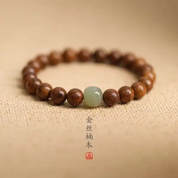 New Chinese Style Red Sandalwood Bracelet with Small Leaves Simple Still Ebony Wooden Buddha Beads Golden Silk Sandalwood Bracelet Hetian Jade Top Beads - 图片 8