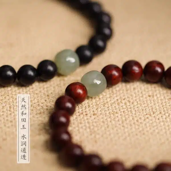 New Chinese Style Red Sandalwood Bracelet with Small Leaves Simple Still Ebony Wooden Buddha Beads Golden Silk Sandalwood Bracelet Hetian Jade Top Beads