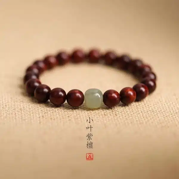 New Chinese Style Red Sandalwood Bracelet with Small Leaves Simple Still Ebony Wooden Buddha Beads Golden Silk Sandalwood Bracelet Hetian Jade Top Beads - 图片 6