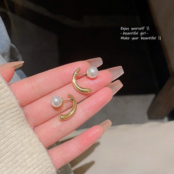 Light luxury niche cold style pearl earrings female S925 silver needle High sense front and rear buckle geometric earrings ear jewelry - 图片 2