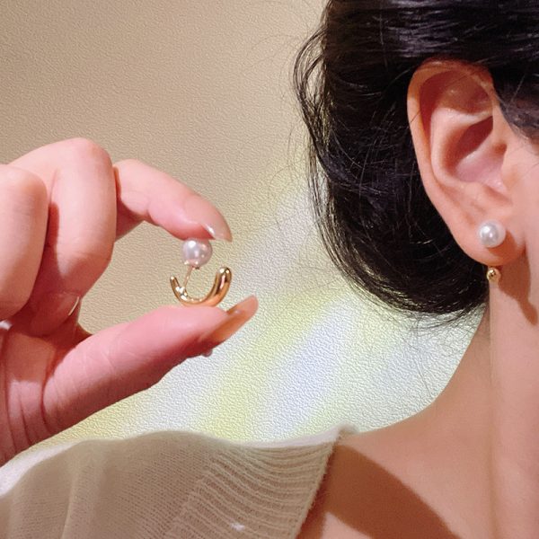 Light luxury niche cold style pearl earrings female S925 silver needle High sense front and rear buckle geometric earrings ear jewelry - 图片 4