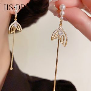 Spring New Elegant Pearl Zircon Fishtail Long Tassel Earrings Women's Fashion Sweet All-match Design Sense Earrings