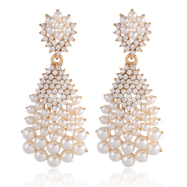 Amazon Luxury Pearl Earrings Micro Inlaid Zircon Geometric Full Millet Pearl Large Water Drop Earrings Light Luxury Earrings - 图片 5