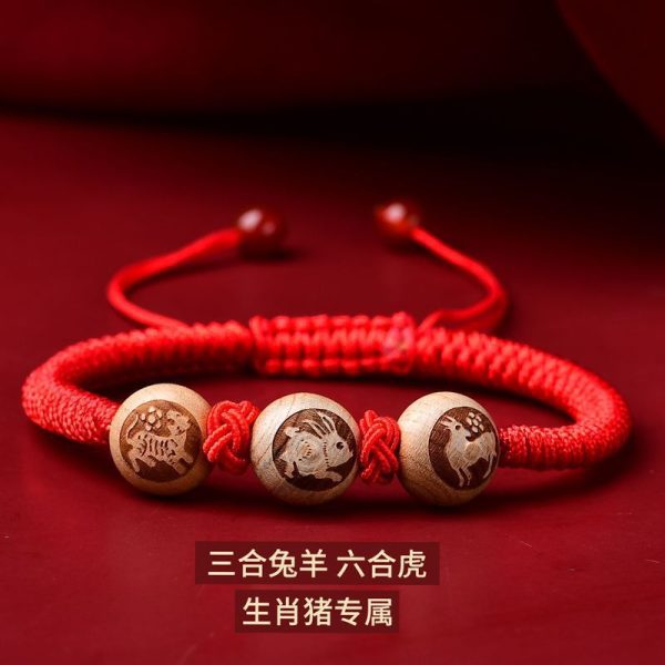 2025 New Three-In-One Peach Wood Good Luck Red Rope Bracelet Zodiac Animal Year Tai Sui Bracelet Wholesale - 图片 7