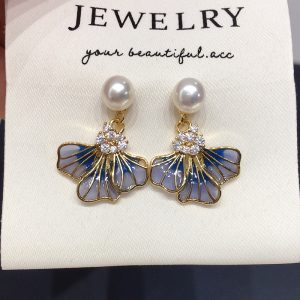 Zhuji Natural Freshwater Pearl Earrings for Women's Empty Window Enamel Blue Iris Flower Earrings Ins Style Light Luxury Earrings