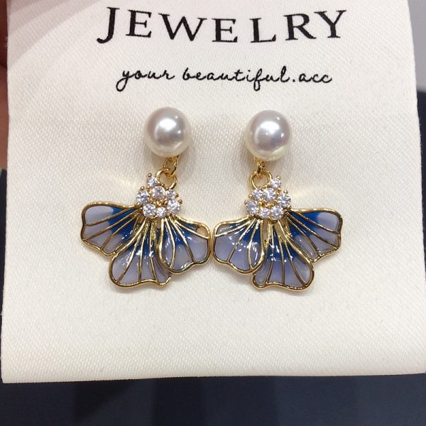 Zhuji Natural Freshwater Pearl Earrings for Women's Empty Window Enamel Blue Iris Flower Earrings Ins Style Light Luxury Earrings