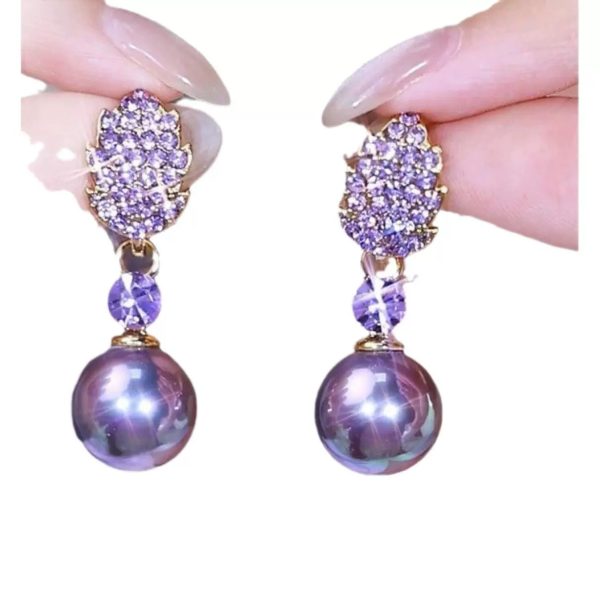Purple Diamond Leaves Pearl Earrings Women 2024 New Fashion Design Niche High Elegant Elegant Earrings - 图片 5