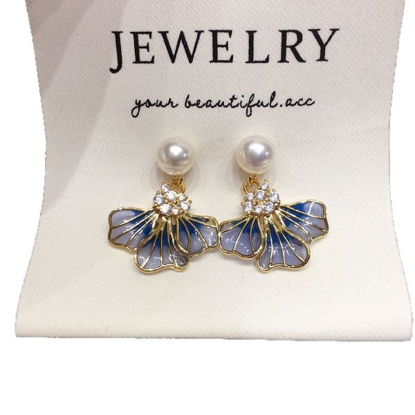 Zhuji Natural Freshwater Pearl Earrings for Women's Empty Window Enamel Blue Iris Flower Earrings Ins Style Light Luxury Earrings - 图片 5