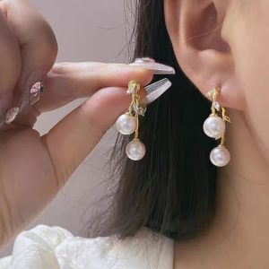 French Elegant Branch Zircon Pearl Earrings Simple 925 Silver Pin Two Earrings Long Tassel Earrings