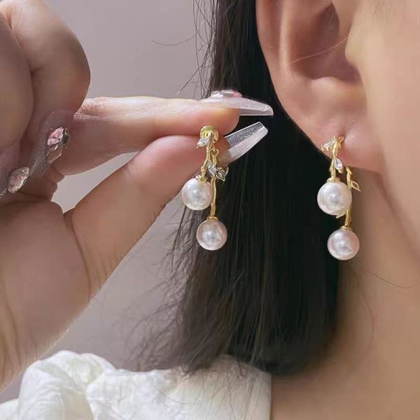 French Elegant Branch Zircon Pearl Earrings Simple 925 Silver Pin Two Earrings Long Tassel Earrings