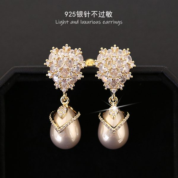 S925 Silver Needle Zircon Inlaid Drop Pearl Earrings Advanced Sense Light Luxury Retro Elegant Earrings New Earrings - 图片 7