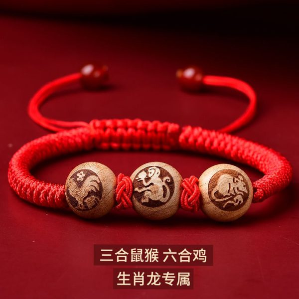2025 New Three-In-One Peach Wood Good Luck Red Rope Bracelet Zodiac Animal Year Tai Sui Bracelet Wholesale - 图片 4