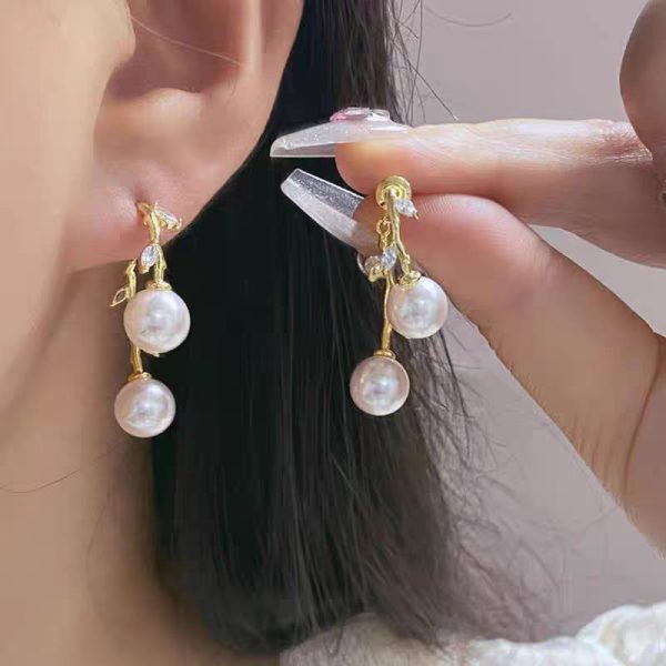 French Elegant Branch Zircon Pearl Earrings Simple 925 Silver Pin Two Earrings Long Tassel Earrings - 图片 5
