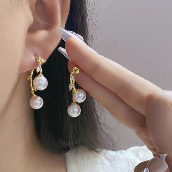 French Elegant Branch Zircon Pearl Earrings Simple 925 Silver Pin Two Earrings Long Tassel Earrings - 图片 4