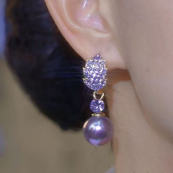 Purple Diamond Leaves Pearl Earrings Women 2024 New Fashion Design Niche High Elegant Elegant Earrings - 图片 4