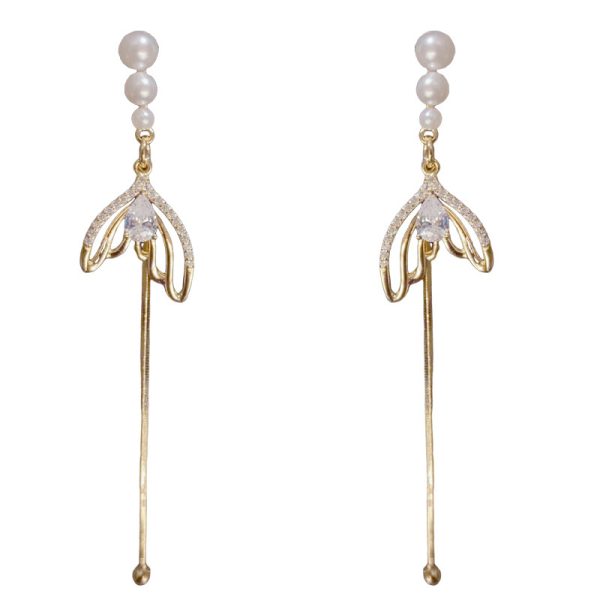 Spring New Elegant Pearl Zircon Fishtail Long Tassel Earrings Women's Fashion Sweet All-match Design Sense Earrings - 图片 5