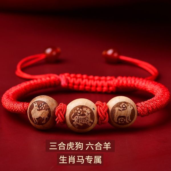2025 New Three-In-One Peach Wood Good Luck Red Rope Bracelet Zodiac Animal Year Tai Sui Bracelet Wholesale - 图片 9