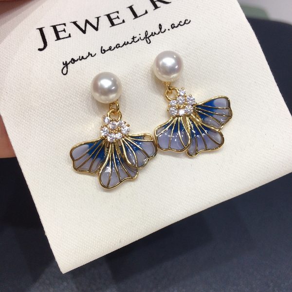Zhuji Natural Freshwater Pearl Earrings for Women's Empty Window Enamel Blue Iris Flower Earrings Ins Style Light Luxury Earrings - 图片 2