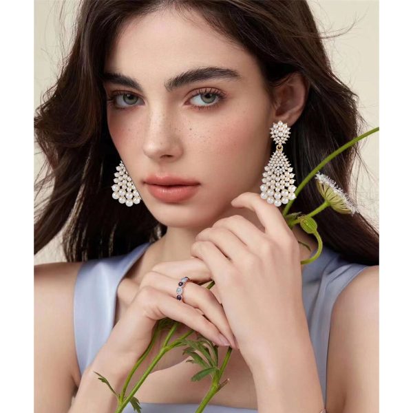Amazon Luxury Pearl Earrings Micro Inlaid Zircon Geometric Full Millet Pearl Large Water Drop Earrings Light Luxury Earrings - 图片 2