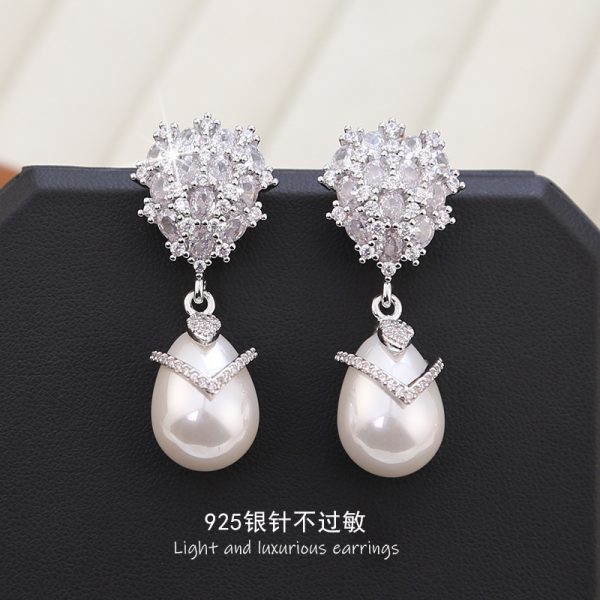 S925 Silver Needle Zircon Inlaid Drop Pearl Earrings Advanced Sense Light Luxury Retro Elegant Earrings New Earrings - 图片 4