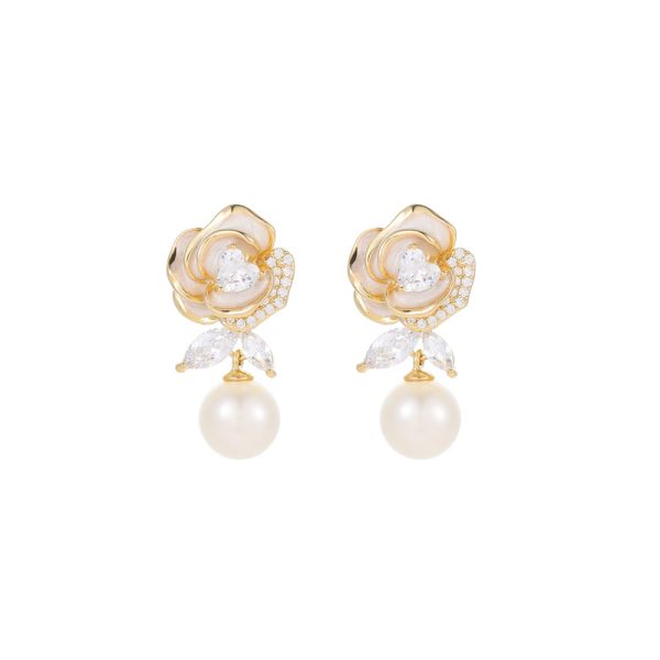 French Glaze Camellia Pearl Earrings S925 Silver Needle Advanced Sense Simple Fashion Ear Stud Elegant Sweet Earrings - 图片 5