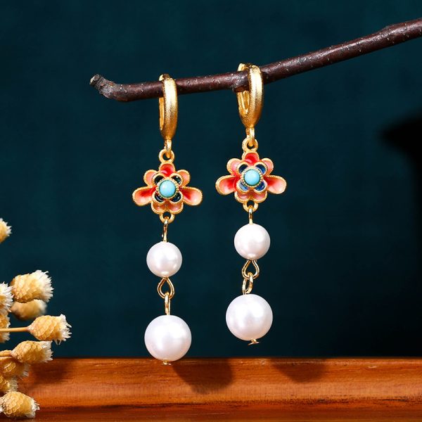 Little Red Riding Book New Chinese Ancient Style Pearl Earrings Women's National Style Cheongsam Hanfu with Ethnic Style Personalized Handmade Earrings - 图片 2