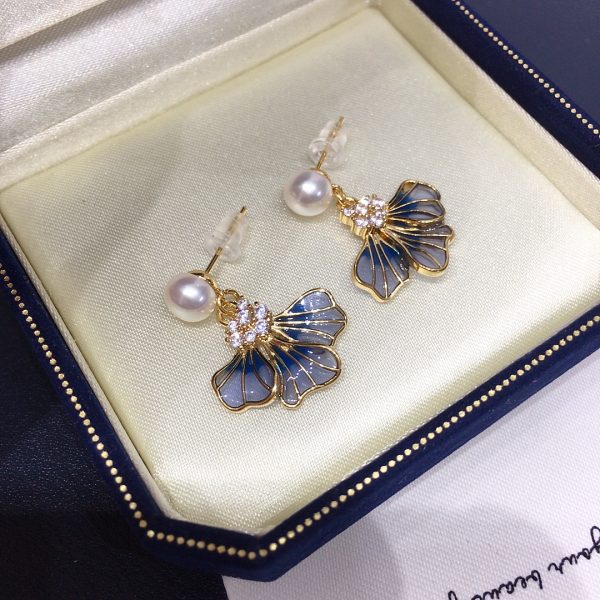 Zhuji Natural Freshwater Pearl Earrings for Women's Empty Window Enamel Blue Iris Flower Earrings Ins Style Light Luxury Earrings - 图片 4