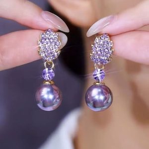 Purple Diamond Leaves Pearl Earrings Women 2024 New Fashion Design Niche High Elegant Elegant Earrings