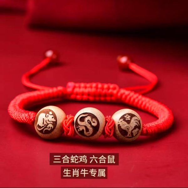 2025 New Three-In-One Peach Wood Good Luck Red Rope Bracelet Zodiac Animal Year Tai Sui Bracelet Wholesale - 图片 17
