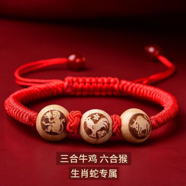 2025 New Three-In-One Peach Wood Good Luck Red Rope Bracelet Zodiac Animal Year Tai Sui Bracelet Wholesale - 图片 12