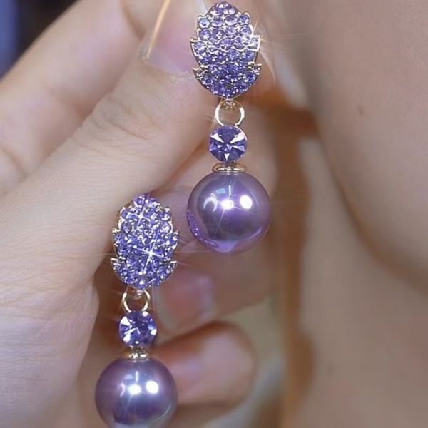 Purple Diamond Leaves Pearl Earrings Women 2024 New Fashion Design Niche High Elegant Elegant Earrings - 图片 2