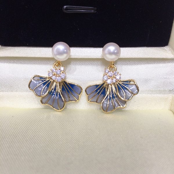 Zhuji Natural Freshwater Pearl Earrings for Women's Empty Window Enamel Blue Iris Flower Earrings Ins Style Light Luxury Earrings - 图片 3