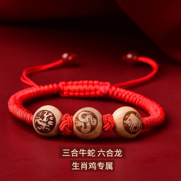 2025 New Three-In-One Peach Wood Good Luck Red Rope Bracelet Zodiac Animal Year Tai Sui Bracelet Wholesale - 图片 13