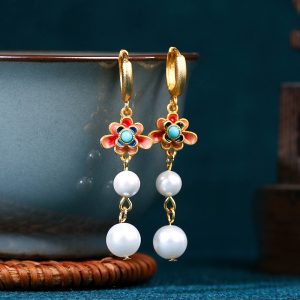 Little Red Riding Book New Chinese Ancient Style Pearl Earrings Women's National Style Cheongsam Hanfu with Ethnic Style Personalized Handmade Earrings