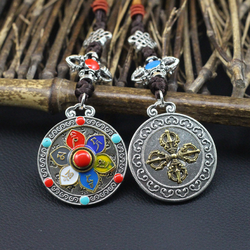 Tibetan Silver Nine Palace Bagua Card Will Turn Bagua Waist Card Travel Live Six-character True Words Eight Treasures Auspicious Hand-woven 新款九宫八卦可转动腰牌 旅游纪念饰品 包包挂件六字真言八宝吉