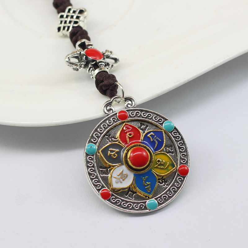 Tibetan Silver Nine Palace Bagua Card Will Turn Bagua Waist Card Travel Live Six-character True Words Eight Treasures Auspicious Hand-woven 新款九宫八卦可转动腰牌 旅游纪念饰品 包包挂件六字真言八宝吉