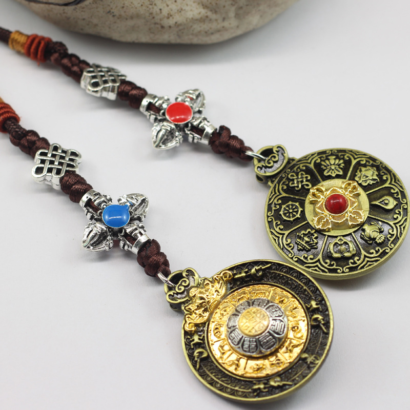 Tibetan Silver Nine Palace Bagua Card Will Turn Bagua Waist Card Travel Live Six-character True Words Eight Treasures Auspicious Hand-woven 新款九宫八卦可转动腰牌 旅游纪念饰品 包包挂件六字真言八宝吉